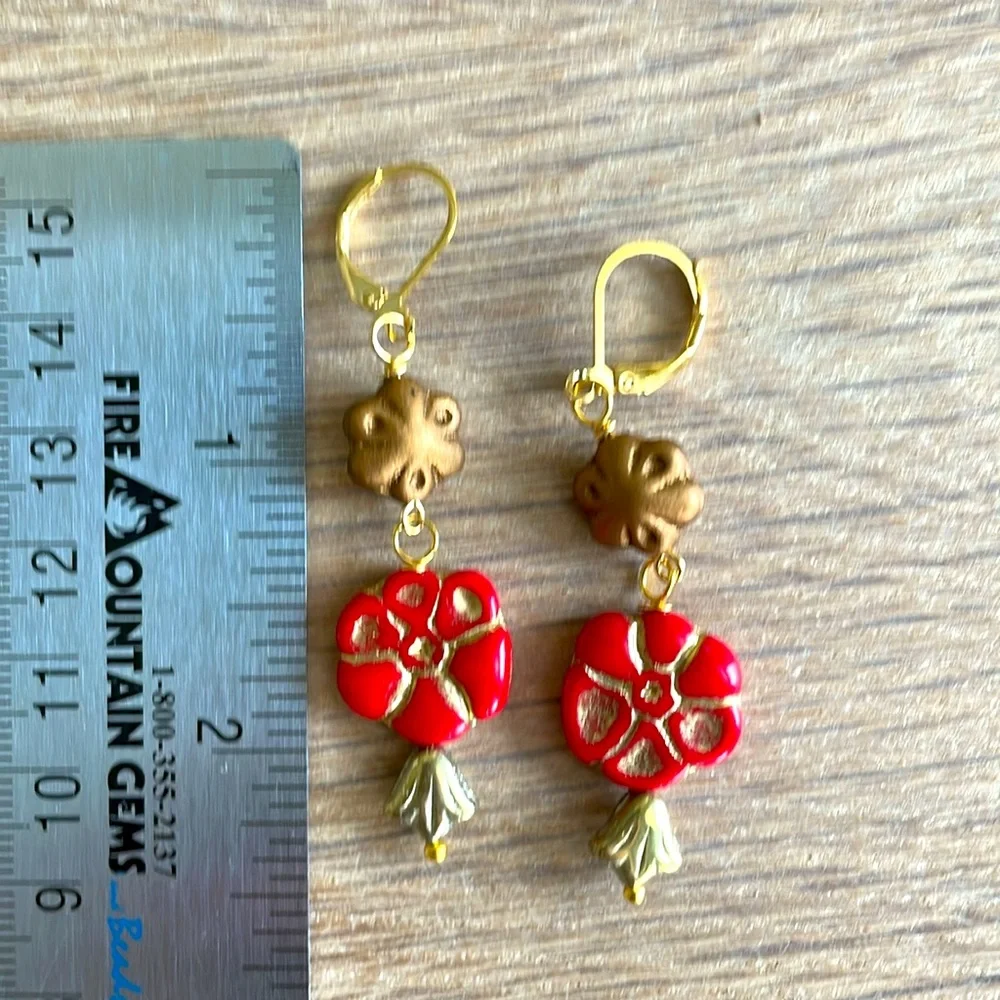 HAND CRAFTED PIERCED EARRINGS Red Gold Bronze Czech Glass Dangling Floral